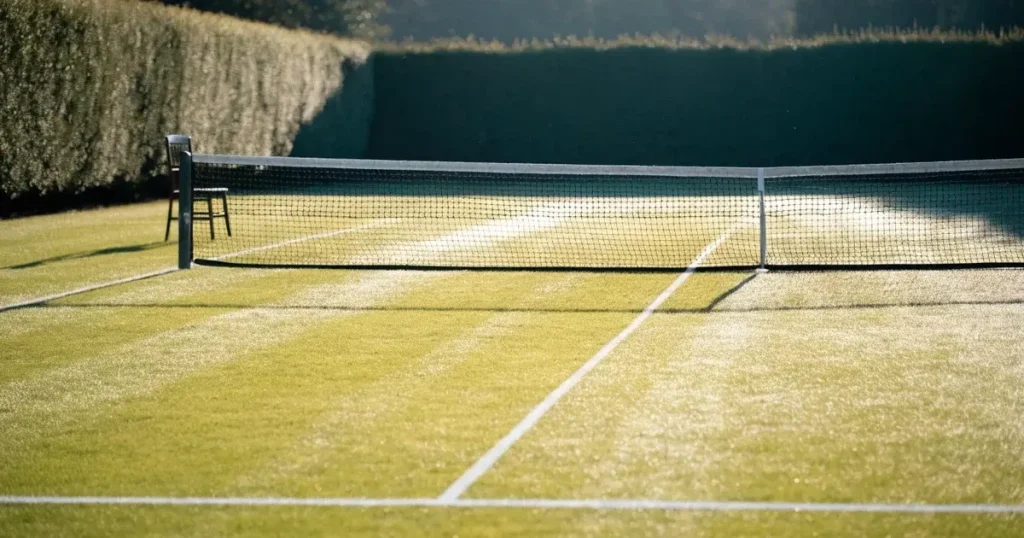 Ein Tennisplatz aus Rasen im ersten Morgenlicht mit frisch gezogenen Linien, einem Netz und einem leeren Schiedsrichterstuhl, dahinter hohe Hecken.
