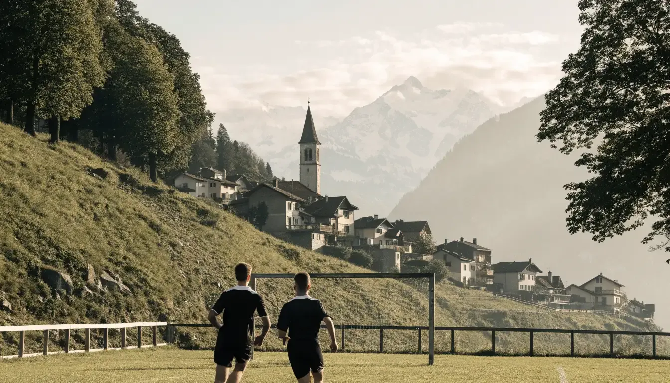 Ein Schweizer Bergdorf mit Kirchturm und einem kleinen Fussballplatz am Hang, im Hintergrund schneebedeckte Gipfel.