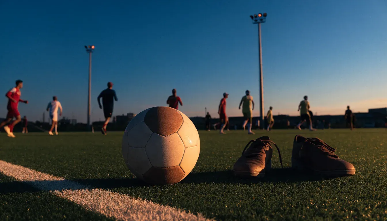 Ein Fussball und ein Paar Stollenschuhe stehen am Rand eines Kunstrasenplatzes, Flutlichtmasten ragen in den Abendhimmel.