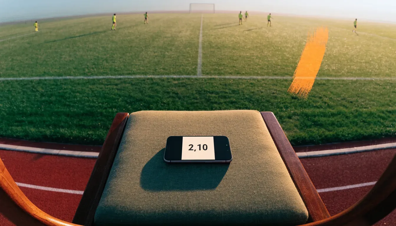 Eine rote Laufbahn umringt ein Fussballfeld beim Sonnenaufgang, auf dem Rasen liegt Tau.