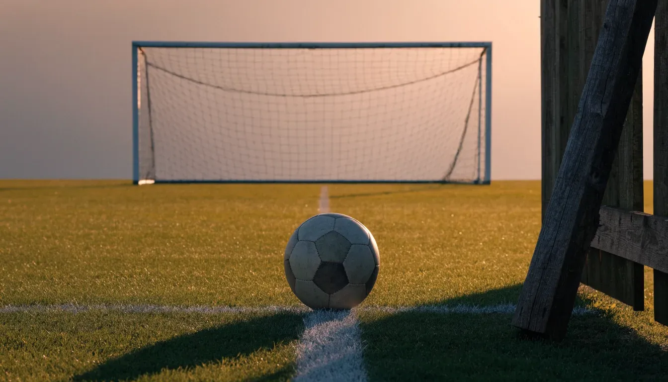 Ein Fussballschuh hängt an den Schnürsenkeln an einem Zaunpfosten neben einem Trainingsplatz im Abendlicht.