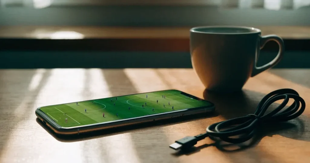 Ein Smartphone mit dunklem Display liegt auf einem Holztisch neben einem Ladekabel und einer Kaffeetasse.
