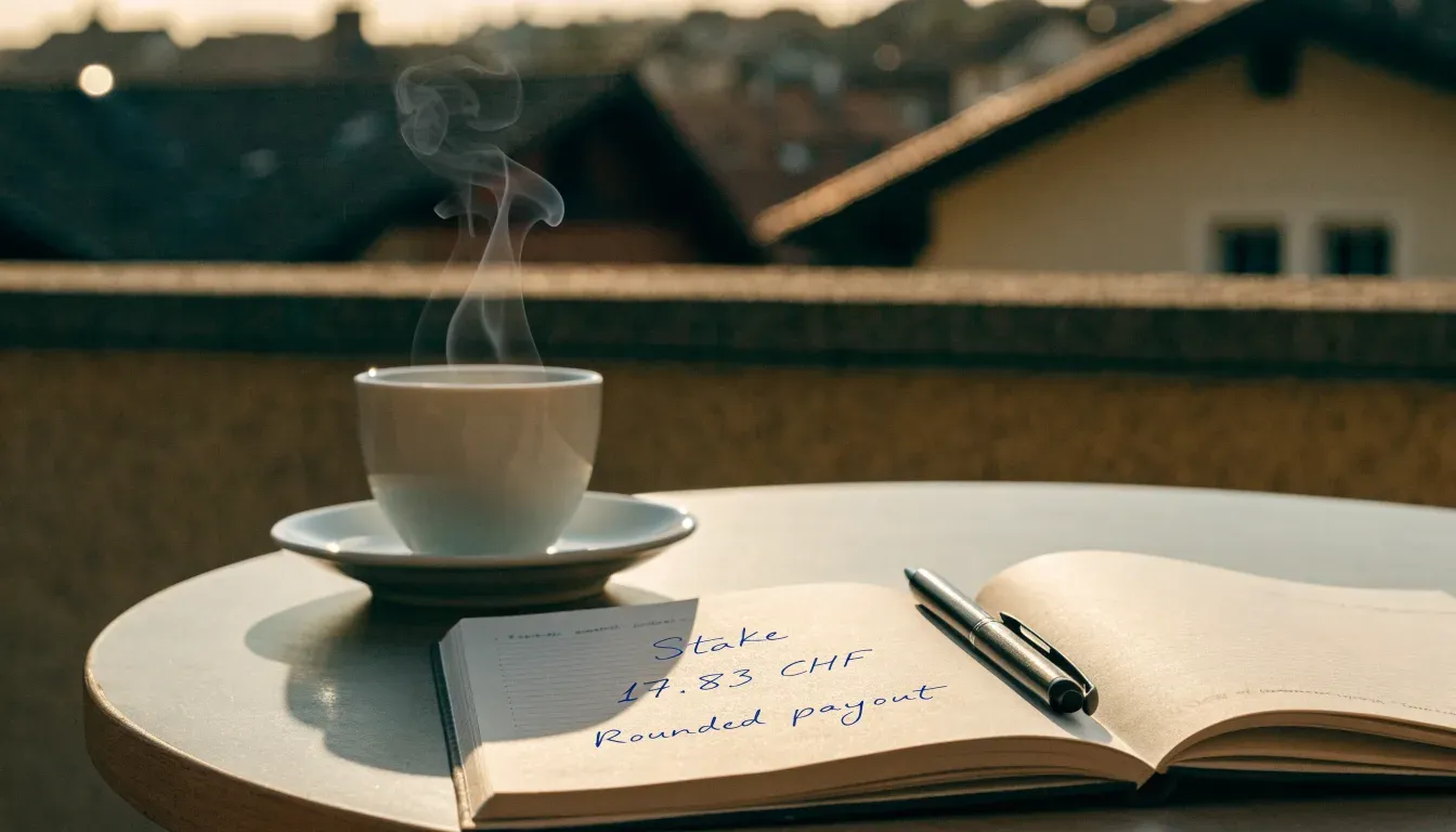 Eine Kaffeetasse und ein aufgeklappter leerer Notizblock stehen auf einem Balkontisch mit Blick über Hausdächer.
