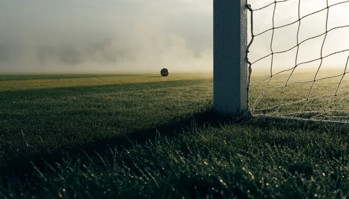 Ein Torpfosten mit Netz steht im Gegenlicht auf einem leeren Fussballplatz, über dem Rasen liegt Nebel.