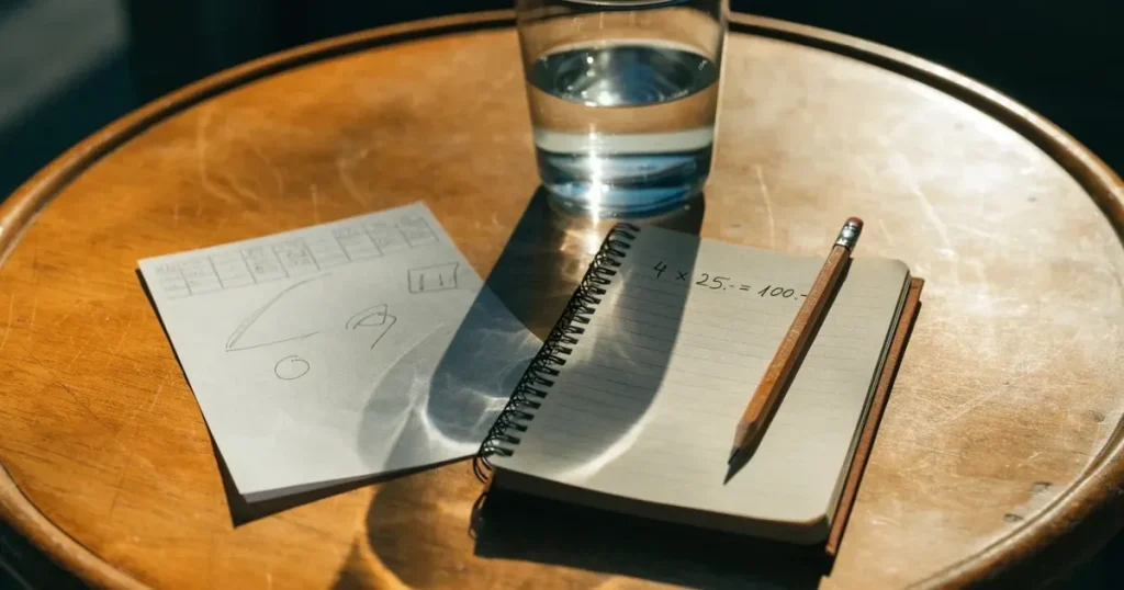 Ein Taschenrechner und ein Bleistift liegen auf einem Holztisch, daneben steht ein halb gefülltes Glas Wasser.
