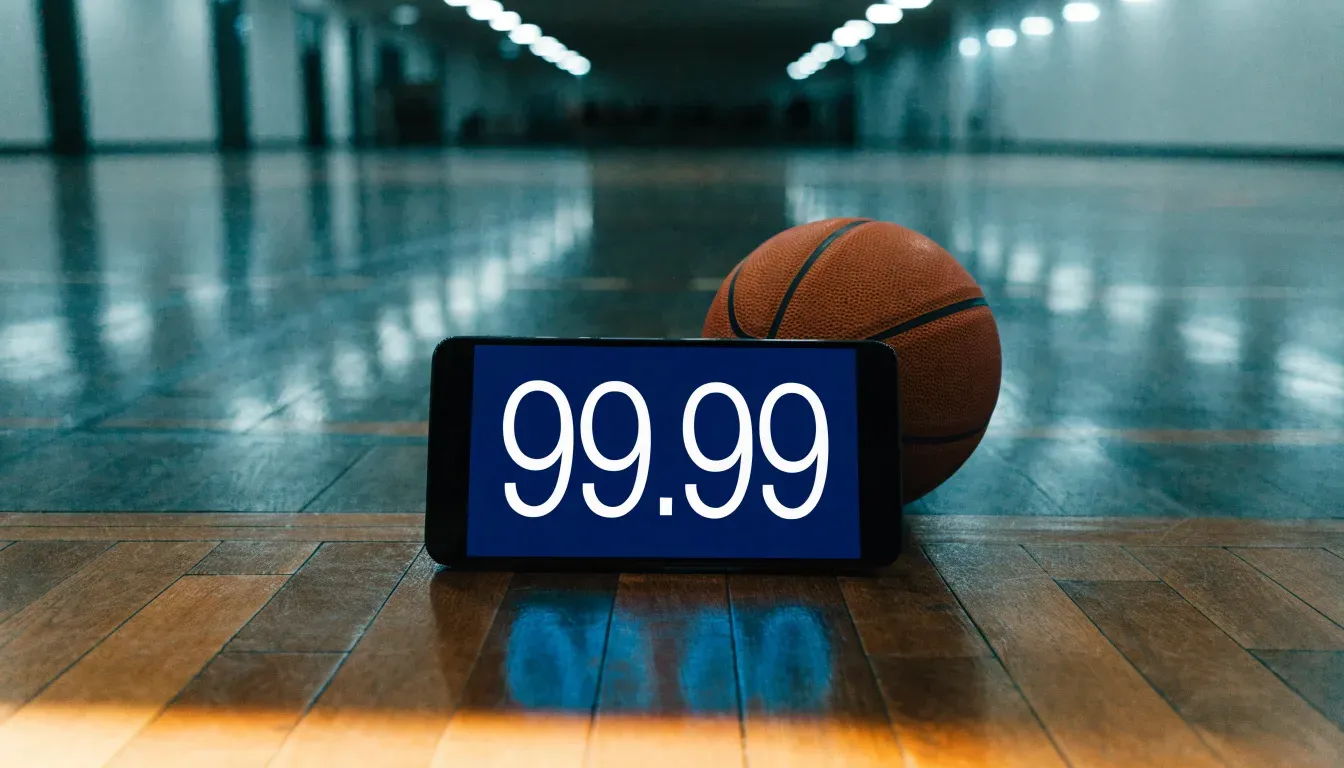 Ein Basketball liegt auf dem Parkett einer leeren Sporthalle im Licht der Deckenlampen.
