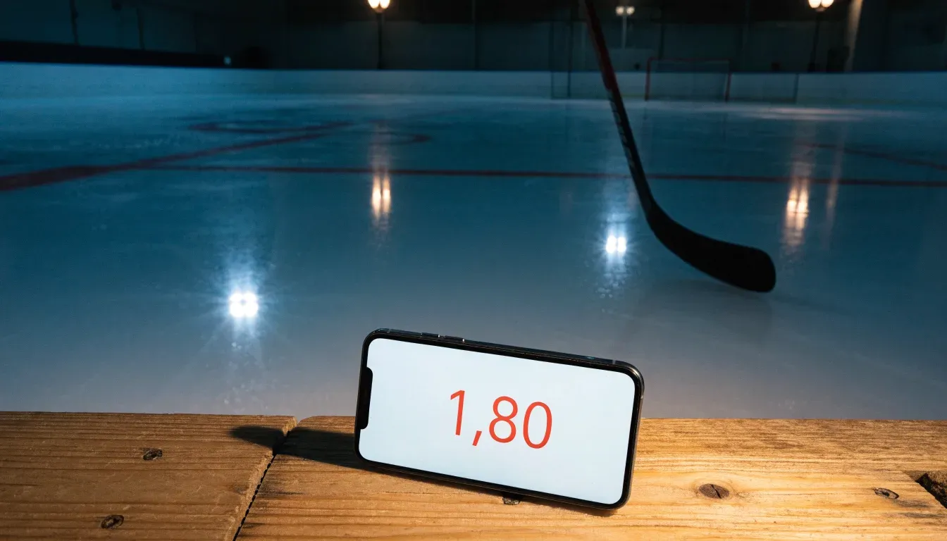 Ein Eishockeyschläger lehnt an der Bande einer leeren Halle, auf dem Eis spiegeln sich die Deckenlampen.