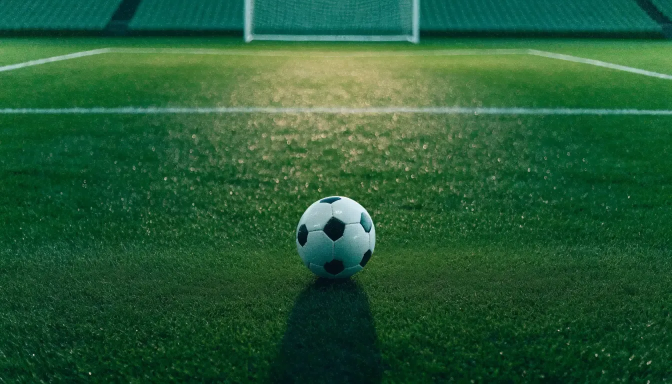 Ein einzelner Fussball liegt auf dem Elfmeterpunkt eines leeren Strafraums, der Rasen glänzt nass.