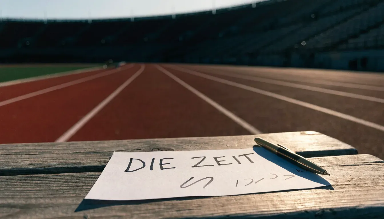 Eine rote Laufbahn in einem leeren Stadion bei Sonnenaufgang, die Bahnen ziehen sich in die Kurve.