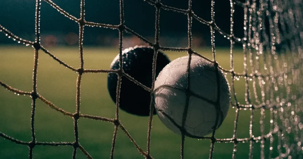 Ein Fussballnetz in Nahaufnahme, in dem ein Ball hängt, Wassertropfen glänzen auf den Maschen.