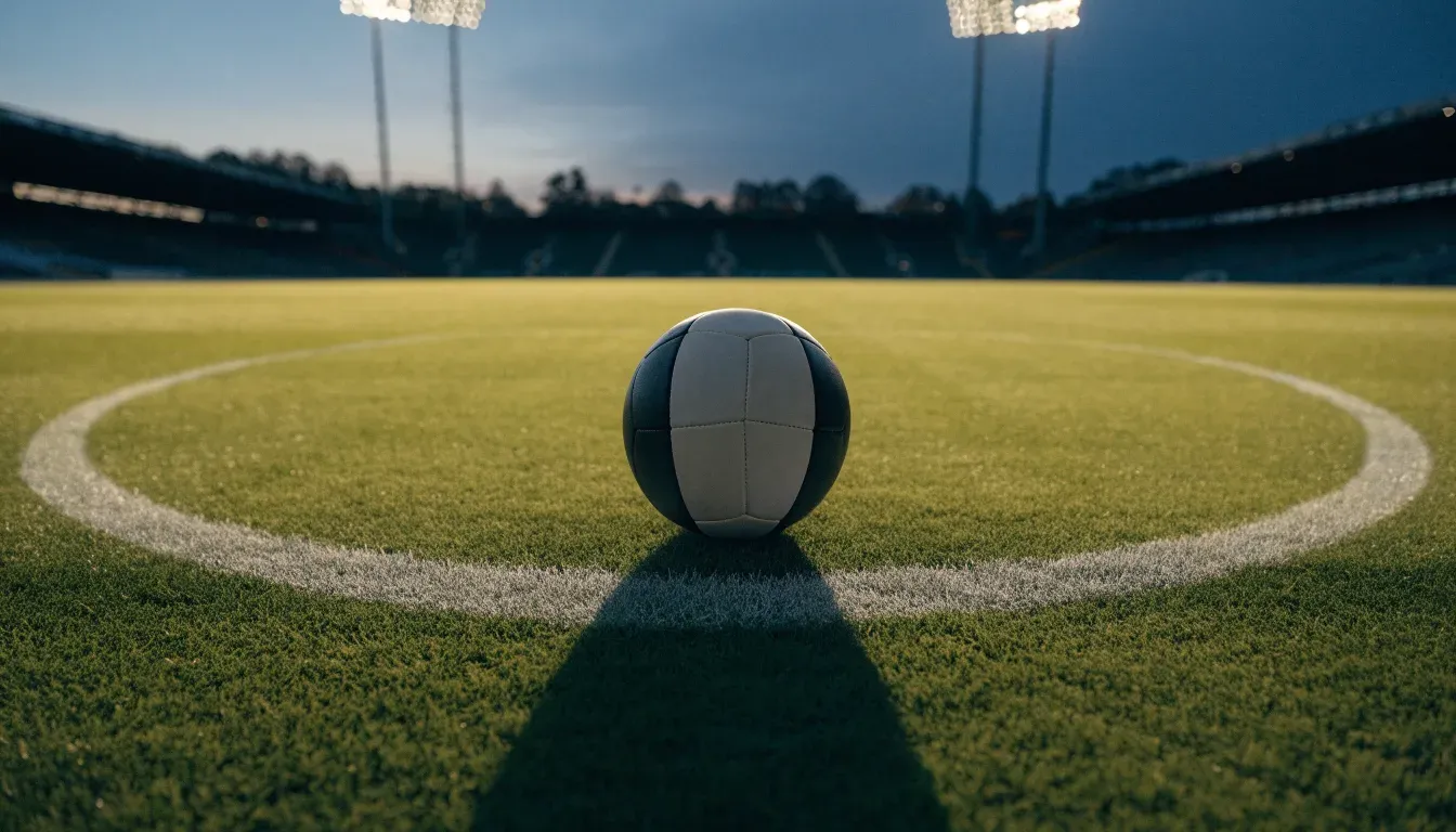 Ein Fussball liegt auf dem Mittelpunkt eines leeren Rasenplatzes, im Hintergrund ragen Flutlichtmasten in die Abenddämmerung