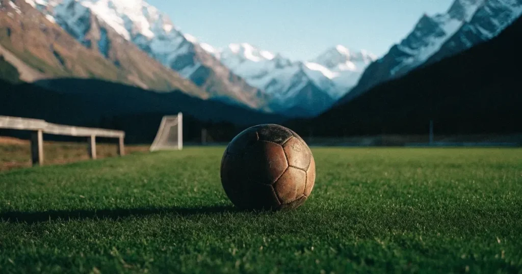 Ein Dorf-Sportplatz mit einem Ball am Strafraumrand, dahinter schneebedeckte Alpengipfel im klaren Morgenlicht