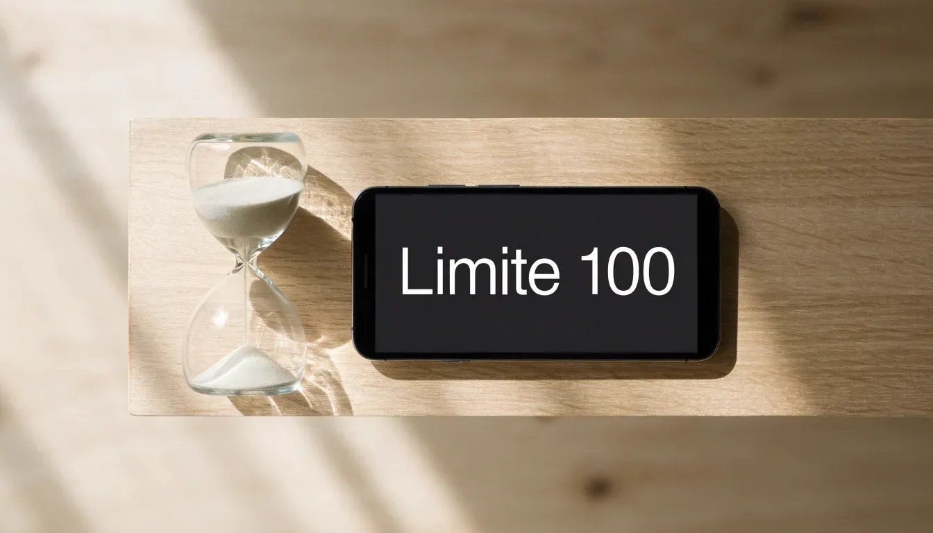 Eine Sanduhr steht neben einem Smartphone mit dunklem Display auf einem Holztisch, ruhiges Tageslicht fällt von der Seite ein