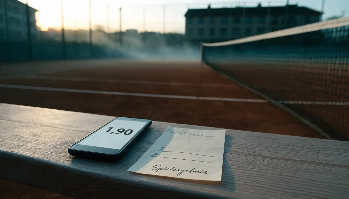 Ein Tennisplatz mit Sandbelag in der Morgendämmerung, Netz und Linien liegen im ersten Licht, Nebel hängt über dem Boden