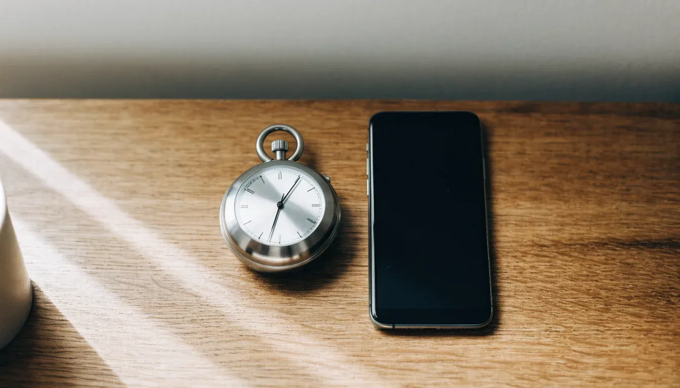 Eine Stoppuhr und ein Smartphone mit dunklem Display liegen nebeneinander auf einem Holztisch, weiches Fensterlicht