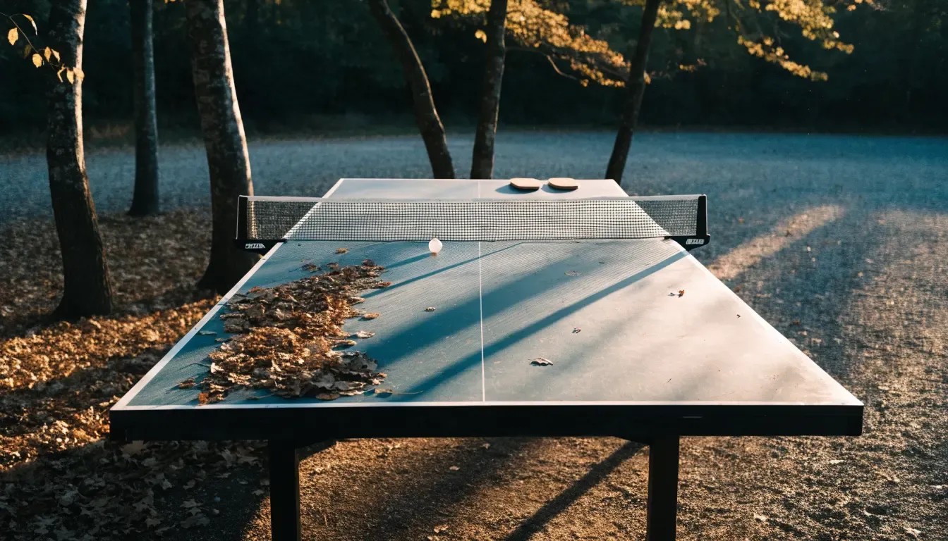 Eine Tischtennisplatte im Freien unter Bäumen, Herbstlaub liegt auf der Platte, das Licht fällt schräg durch die Äste