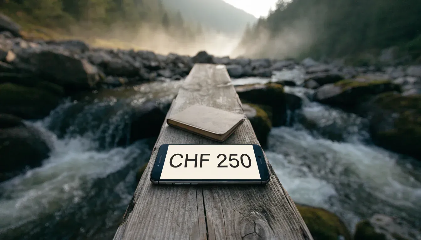 Eine alte Holzbrücke über einen Gebirgsbach, Moos auf den Steinen, Nebelschwaden hängen im Tal