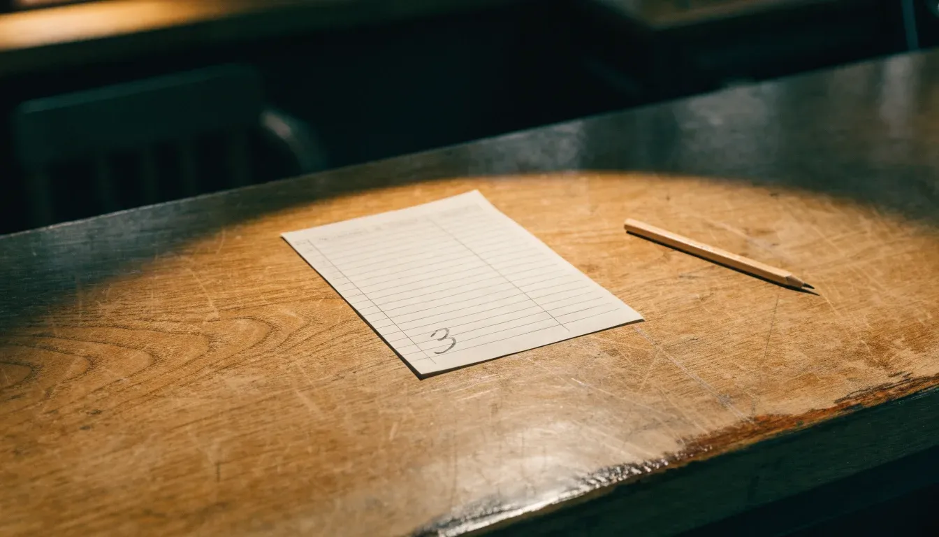 Ein leerer Wettschein aus Papier und ein Bleistift liegen auf einem Holztresen, warmes Licht einer Lampe