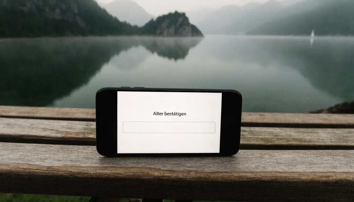 Ein kleines Segelboot auf einem ruhigen Bergsee, Nebel liegt am Ufer, die Berge verschwinden im Dunst