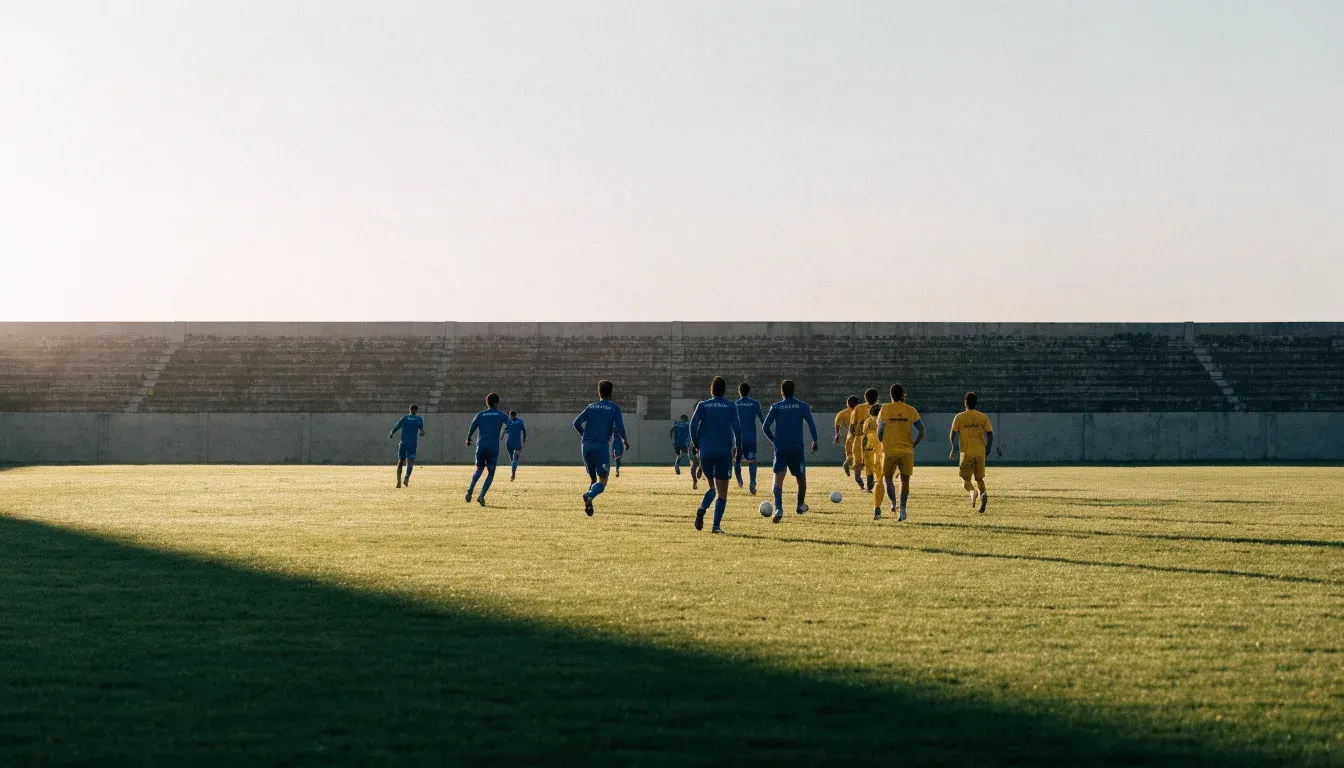 Eine leere Stadiontribüne bei Sonnenaufgang aus der Ferne, lange Schatten fallen über die Sitzreihen