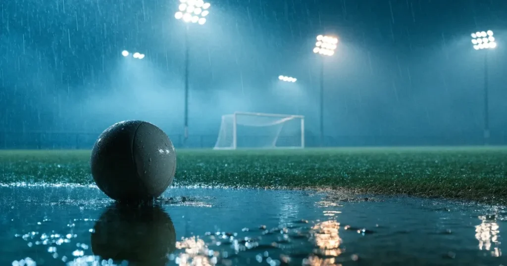 Ein Fussballplatz mit Kunstrasen im Regen, Pfützen spiegeln das Licht der Flutlichtmasten