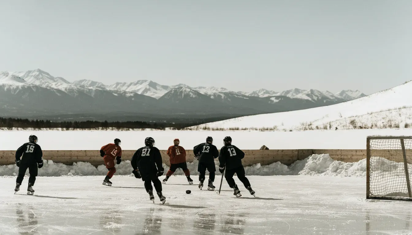 Ein Eishockeyfeld im Freien auf einem zugefrorenen See, Schneewehen an den Banden, klare Winterluft