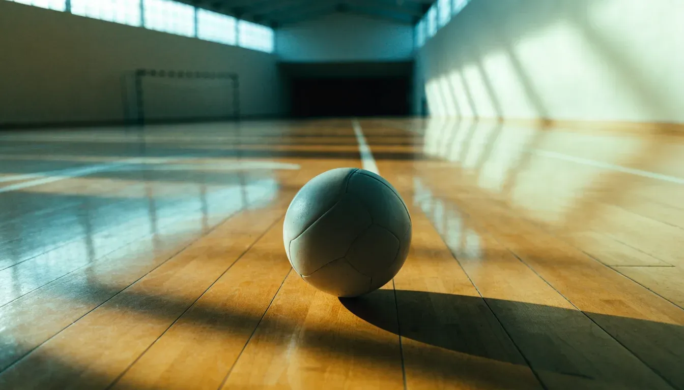 Ein Handball liegt auf dem Hallenboden einer leeren Sporthalle, Streifen von Licht aus den Oberlichtern