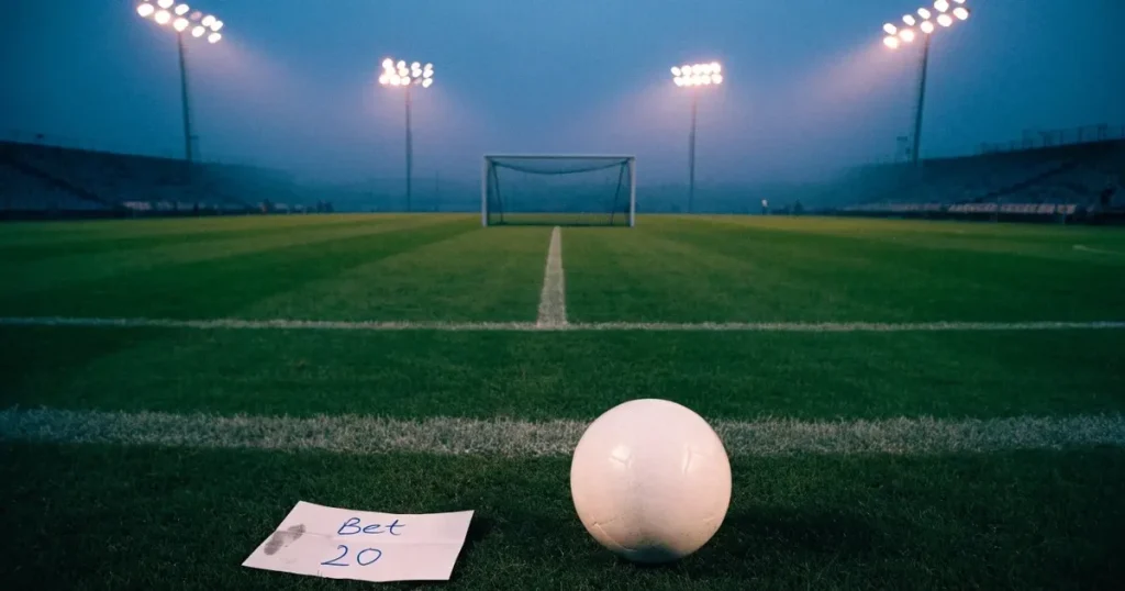 Ein Fussball liegt auf dem Anstosspunkt eines leeren Rasenplatzes in der Abenddämmerung, im Hintergrund leuchten Flutlichtmasten.