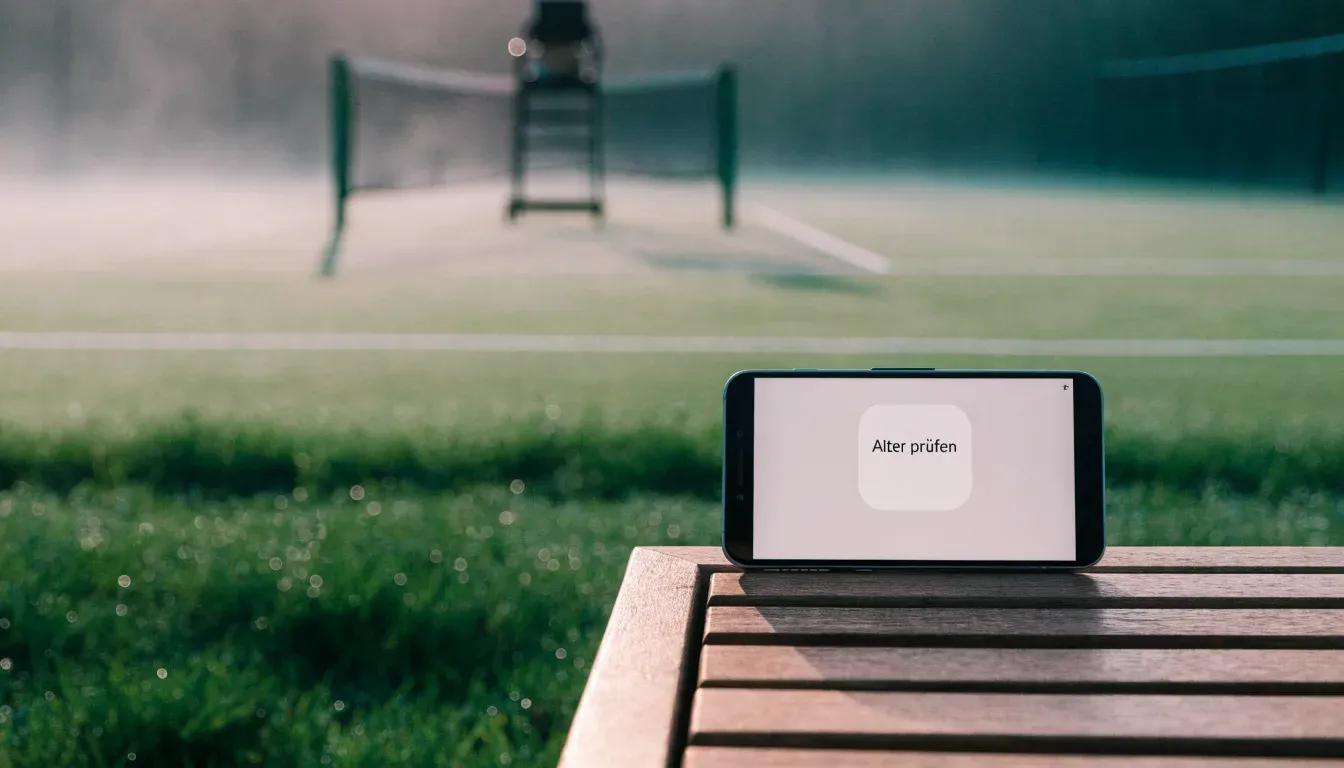 Ein gepflegter Tennisplatz im Morgengrauen, über der Grundlinie hängt leichter Nebel und die Bänke am Rand sind leer.