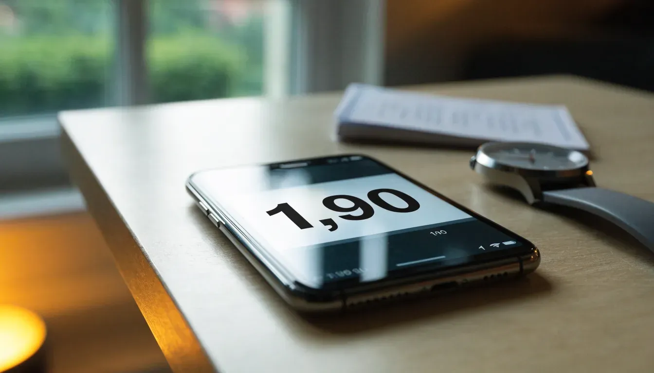 Ein Smartphone liegt mit dem Display nach unten auf einem Tisch neben einer Armbanduhr, im Hintergrund ein unscharfes Fenster.