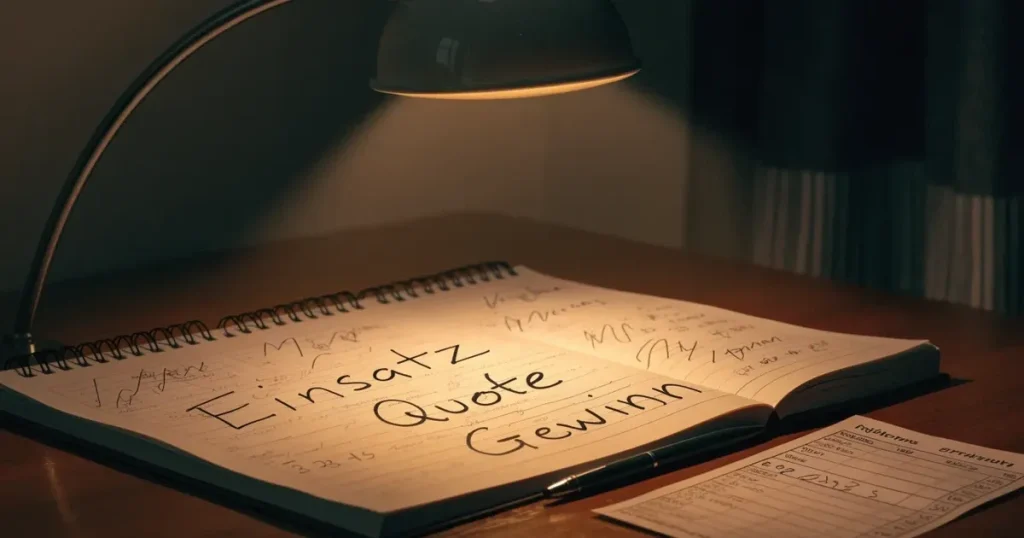 Eine Schreibtischlampe beleuchtet am späten Abend einen Block mit handschriftlichen Notizen und einen Stift.