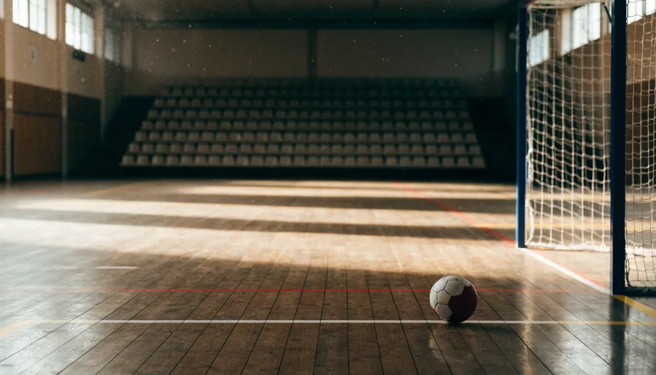 Ein Handball liegt am Rand des Torraums in einer leeren Sporthalle, Licht fällt durch Oberlichter auf den Hallenboden.