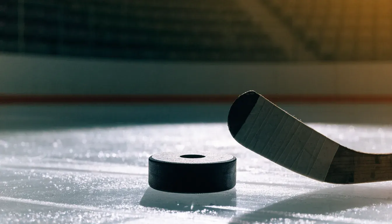 Ein Eishockeypuck und ein Schläger liegen auf einer glänzenden Eisfläche, im Hintergrund verschwimmen leere Banden.