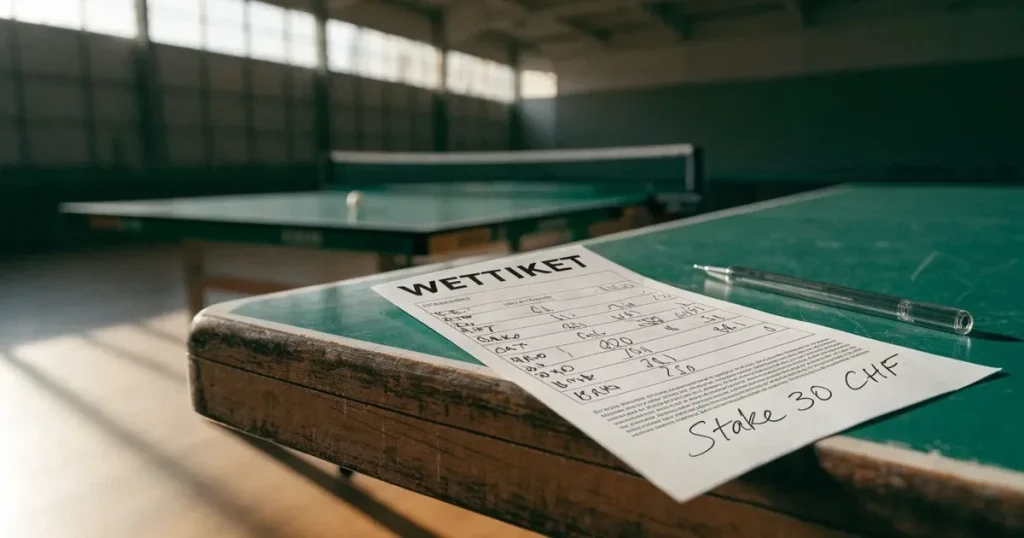 Eine Tischtennisplatte steht in einer leeren Sporthalle, ein einzelner Ball liegt am Netz und Tageslicht fällt von der Seite ein.