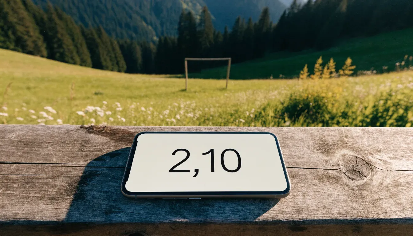 Eine Almwiese mit einem kleinen Holztor für Kinderfussball, dahinter erheben sich bewaldete Hänge im Nachmittagslicht.
