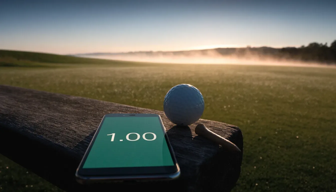 Ein Golfgrün bei Sonnenaufgang mit Tau auf dem Rasen, die Fahnenstange fehlt und im Hintergrund ziehen Nebelschwaden.