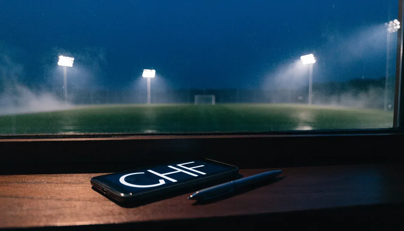 Hohe Flutlichtmasten ragen nachts über einen leeren Trainingsplatz, der Rasen glänzt im weissen Licht.