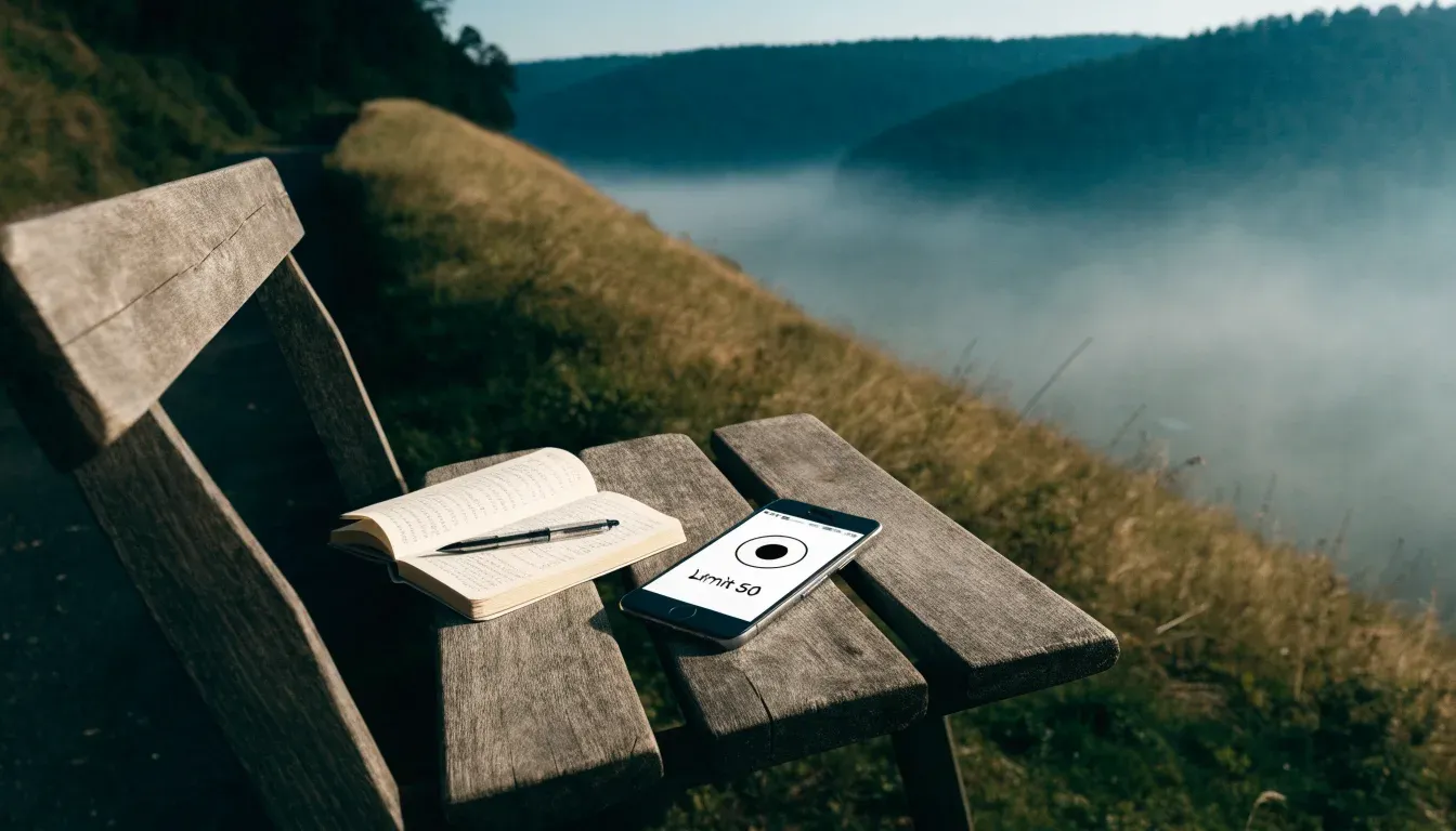 Ein Wanderstock lehnt an einer Holzbank auf einem Aussichtspunkt, dahinter breitet sich ein Tal im Dunst aus.