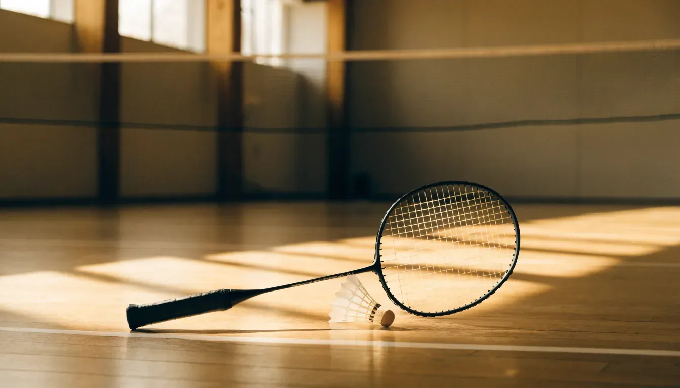 Ein Badmintonschläger liegt neben einem Federball auf dem hellen Hallenboden eines leeren Spielfelds.