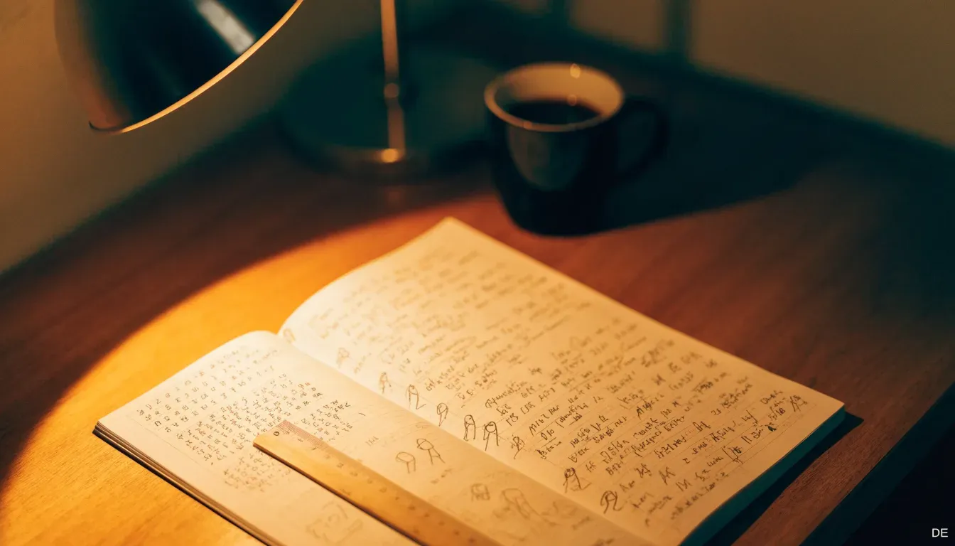 Eine Schreibtischlampe beleuchtet ein kariertes Heft mit handschriftlichen Skizzen, daneben liegt ein Lineal aus Holz.