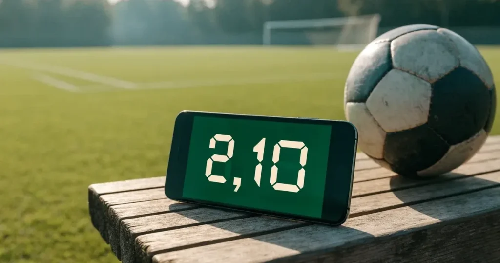 Ein Smartphone mit dunklem Bildschirm liegt neben einem Fussball auf einer Holzbank am Rand eines Trainingsplatzes im Morgenlicht.