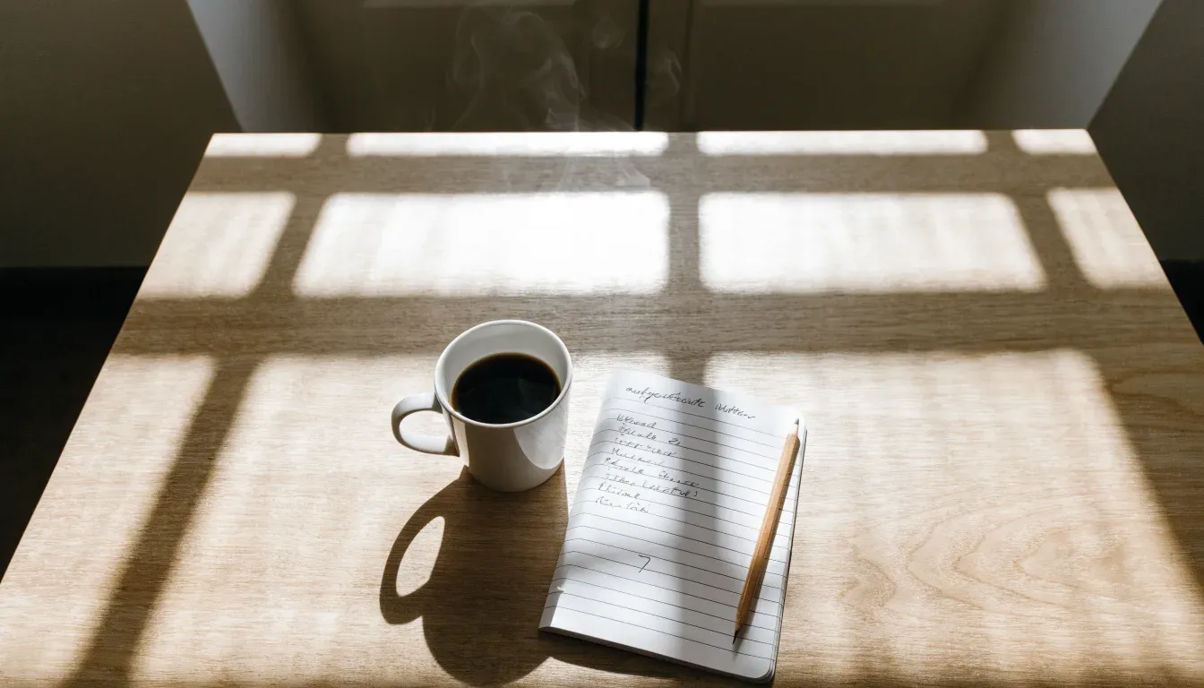 Eine Tasse Kaffee und ein Bleistift liegen auf einem sonnenbeschienenen Küchentisch neben einem leeren Notizblock.