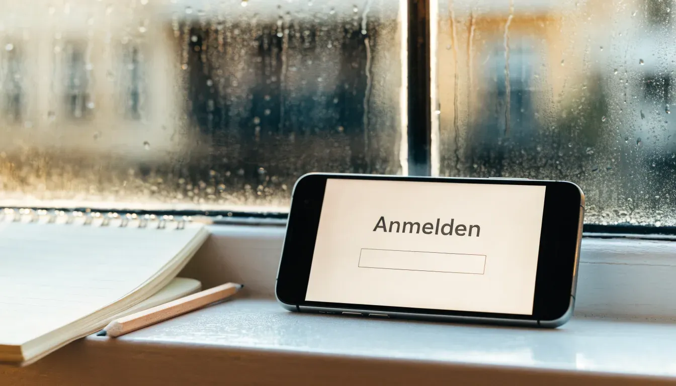 Ein Zeichenblock mit einem Bleistift und einem Radiergummi liegt auf einem Fensterbrett, draussen fällt Regen.