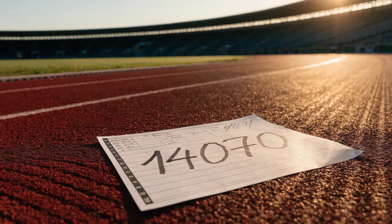 Eine leere Tartanbahn einer Leichtathletikanlage am frühen Morgen, Tau auf den Rasenflächen daneben und tiefstehende Sonne.
