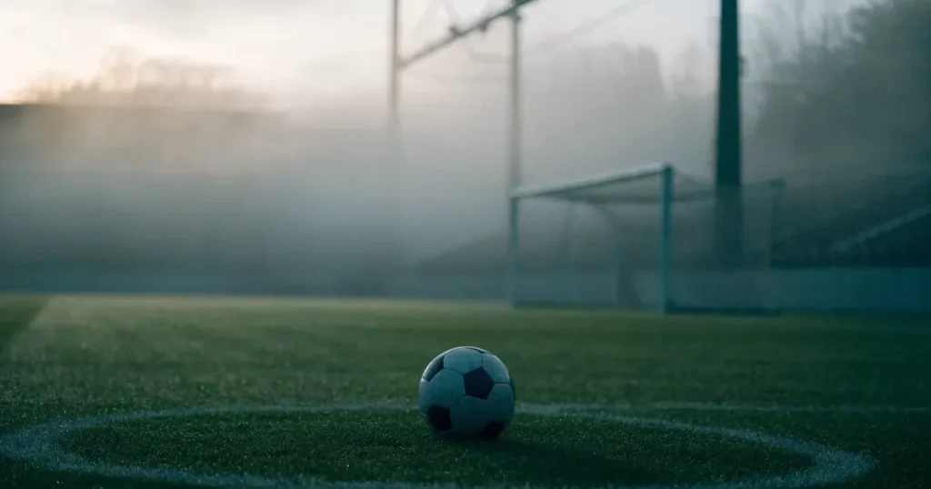Ein Fussball liegt auf dem Anstosspunkt eines leeren Rasenplatzes im dichten Morgennebel.