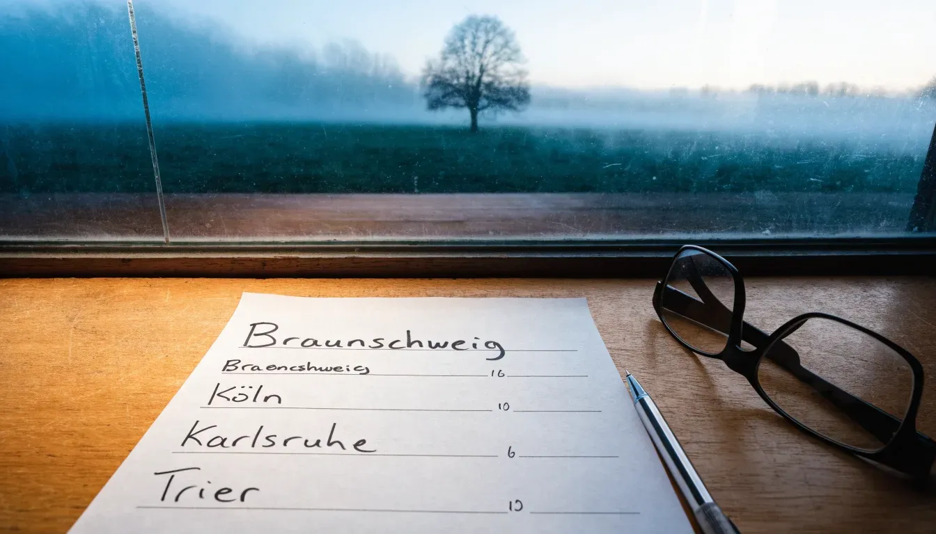 Eine Wiese mit Bodennebel am frühen Morgen, in der Ferne ein einzelner Baum vor hellem Horizont.