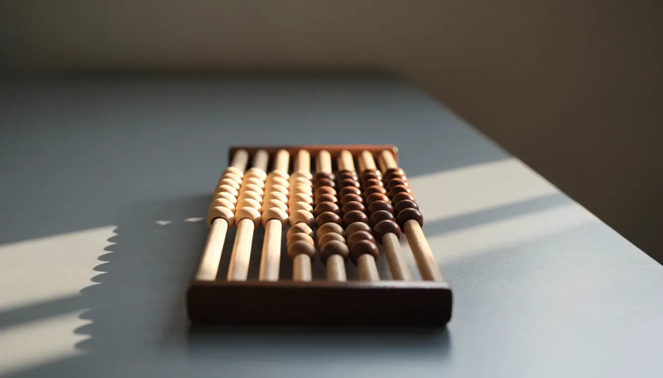 Ein Abakus aus Holz steht auf einem Schreibtisch, einige Perlen sind nach links geschoben, Seitenlicht fällt darauf.