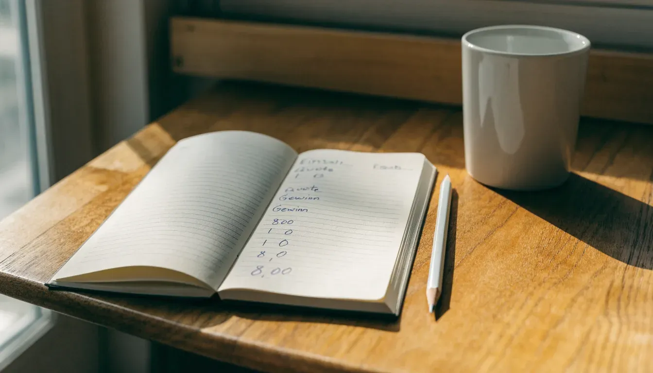 Ein aufgeschlagenes Notizbuch mit handschriftlichen Spalten und ein Bleistift liegen auf einem Holztisch neben einem Fenster.
