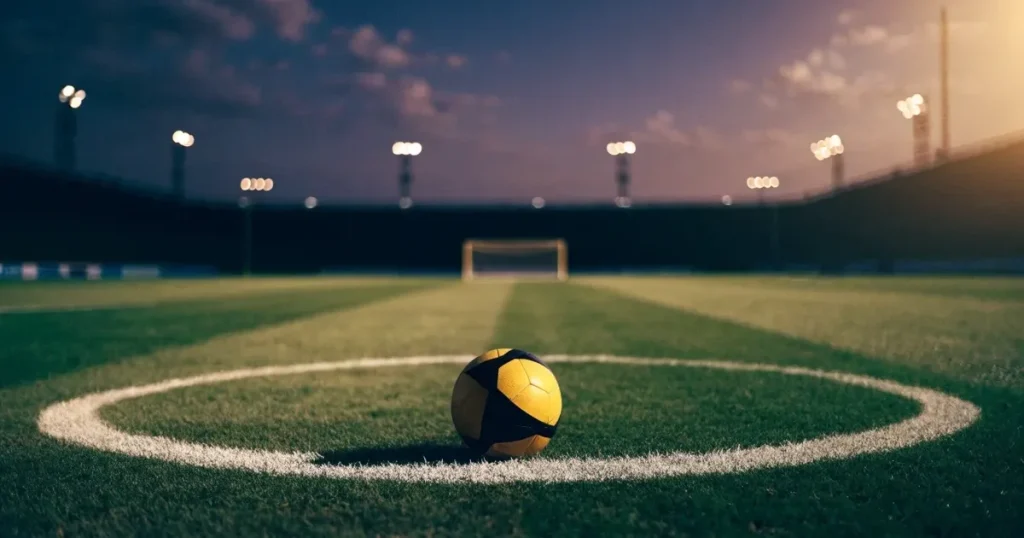 Ein Fussball liegt auf dem Anstosspunkt eines leeren Rasenplatzes, im Hintergrund glimmen Flutlichtmasten im Abendlicht.