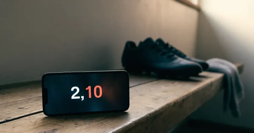 Ein Paar Fussballschuhe steht auf einer Holzbank in einer leeren Umkleide, über der Bank hängt ein Handtuch.